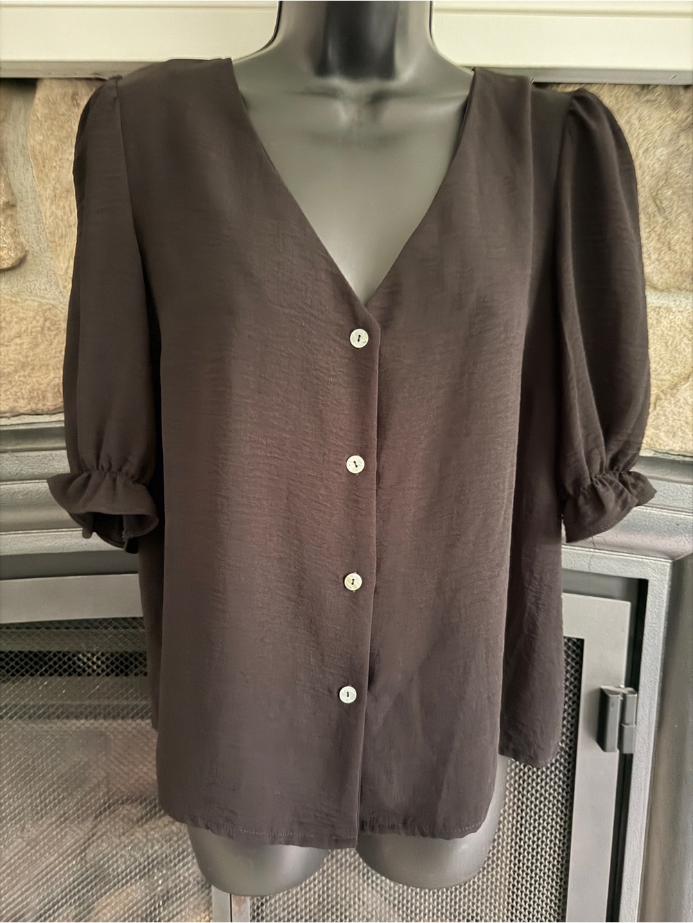 New Look Black V-Neck Button Front Puff Sleeve Blouse